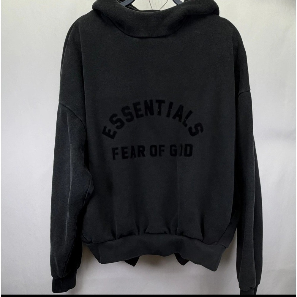 Fear of God Essentials Flocked Logo Hoodie Washed Black Medium Streetwear